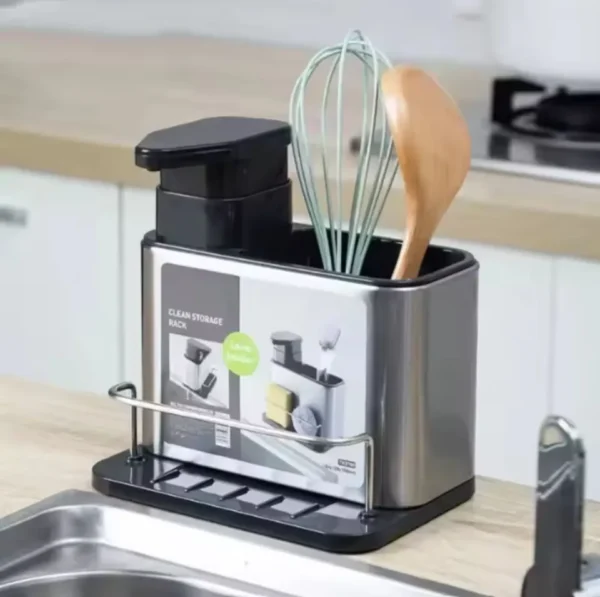 3-in-1 Stainless Steel Soap Dispenser with Sponge & Spoon Holder