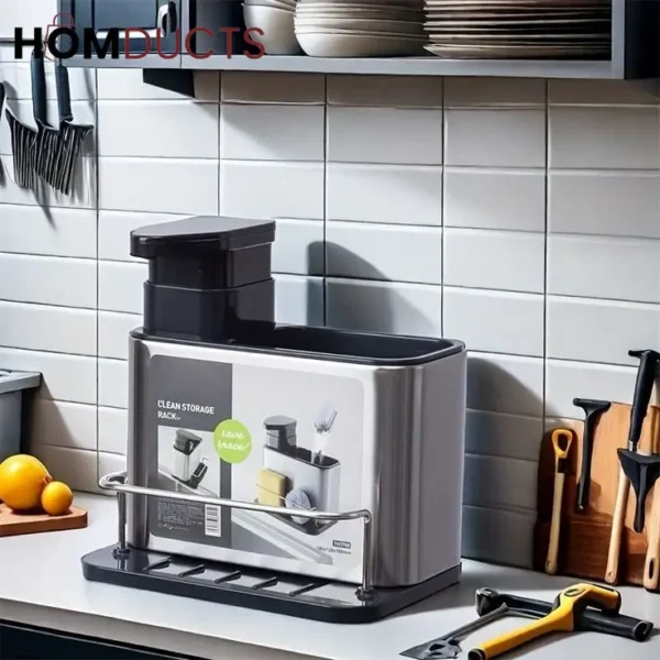 3-in-1 Stainless Steel Soap Dispenser with Sponge & Spoon Holder