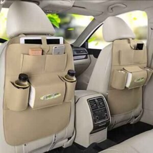 Car Seat Back Storage Organizer with Kick Mat – Beige, Waterproof & Multi-Purpose