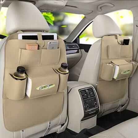 Car Seat Back Storage Organizer with Kick Mat – Beige, Waterproof & Multi-Purpose
