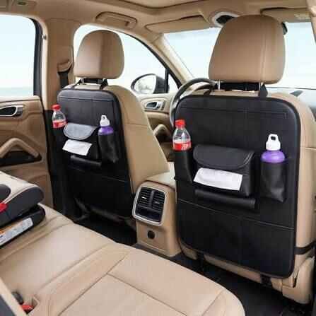 Car Seat Back Storage Organizer with Kick Mat – Beige, Waterproof & Multi-Purpose
