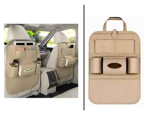 Car Seat Back Storage Organizer with Kick Mat – Beige, Waterproof & Multi-Purpose