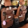 Car Seat Back Storage Organizer with Kick Mat – Beige, Waterproof & Multi-Purpose
