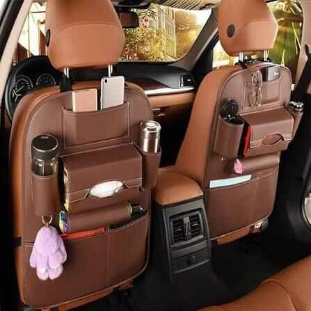 Car Seat Back Storage Organizer with Kick Mat – Beige, Waterproof & Multi-Purpose