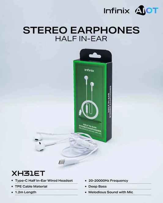 Infinix Half In-Ear Stereo Earphones with Microphone – Clear Sound & Comfortable Fit